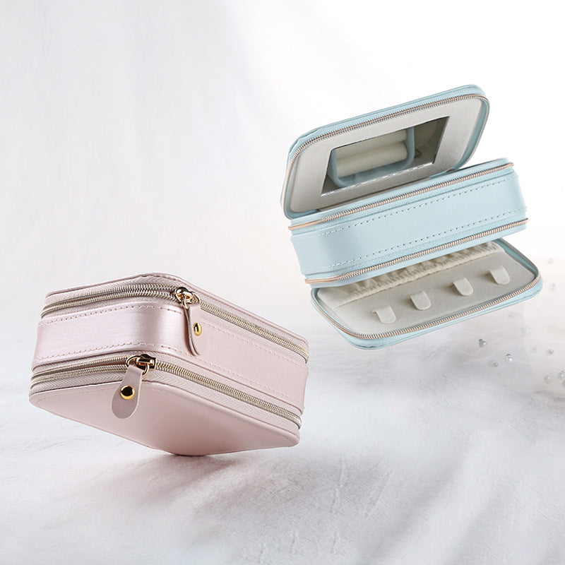 Zipper Leather Jewelry Box Storage - Pink & Light Blue