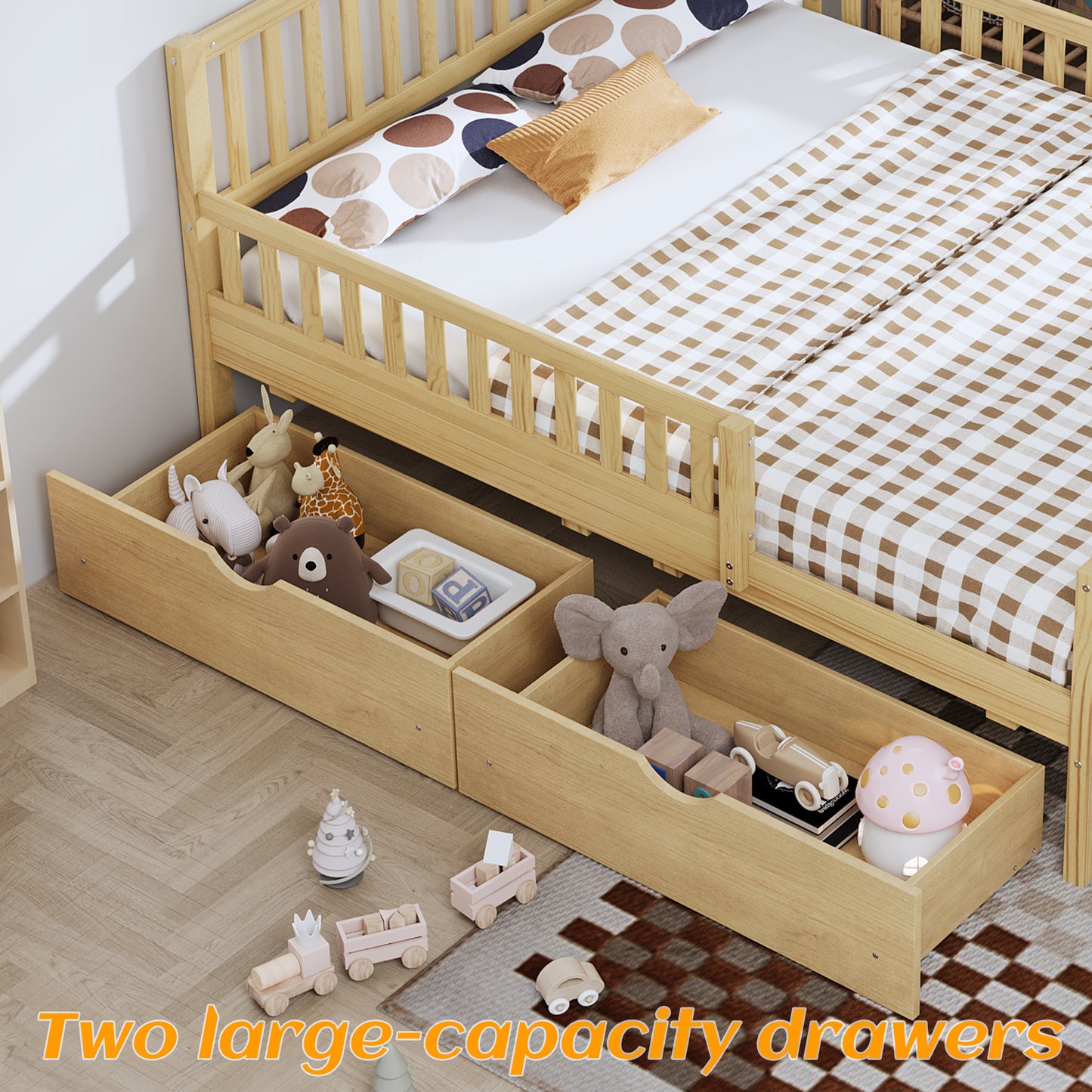 Full Size Wood Platform Bed With Guardrails On Both Sides And Two