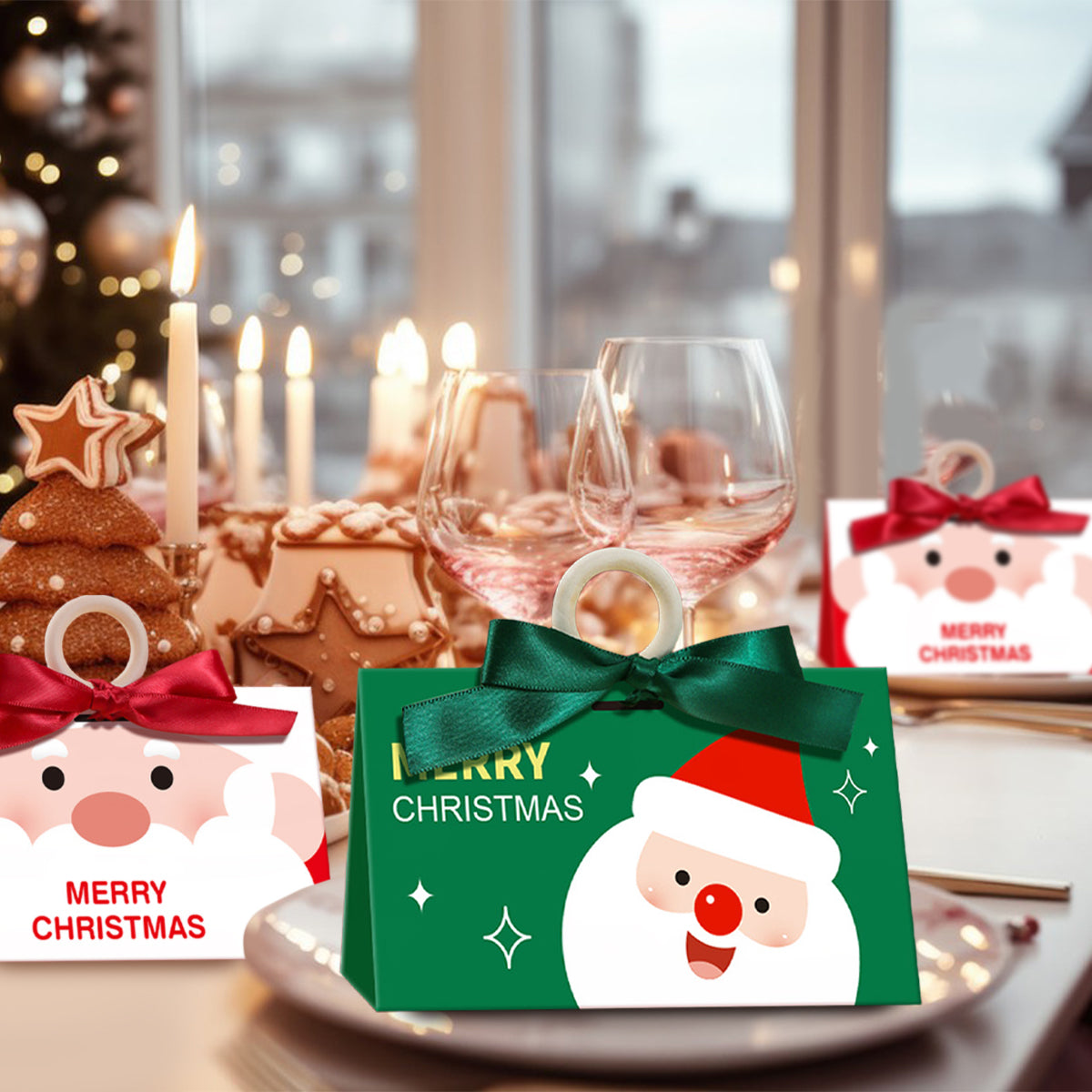Christmas Candy Boxes - 10 Pack with Ribbon & Wooden Ring
