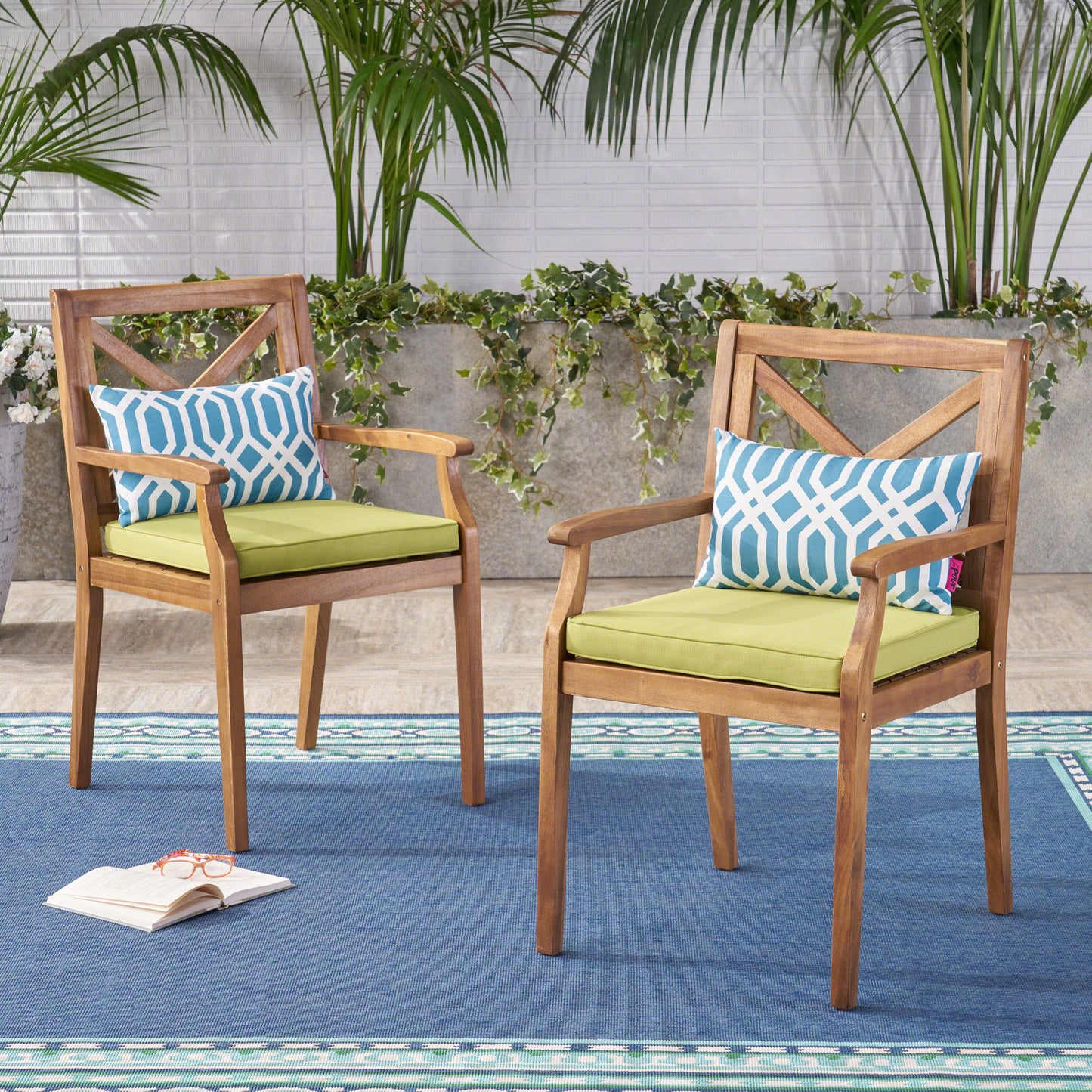 Acacia Wood Dining Chair Set with Green Cushions - 2 Pieces
