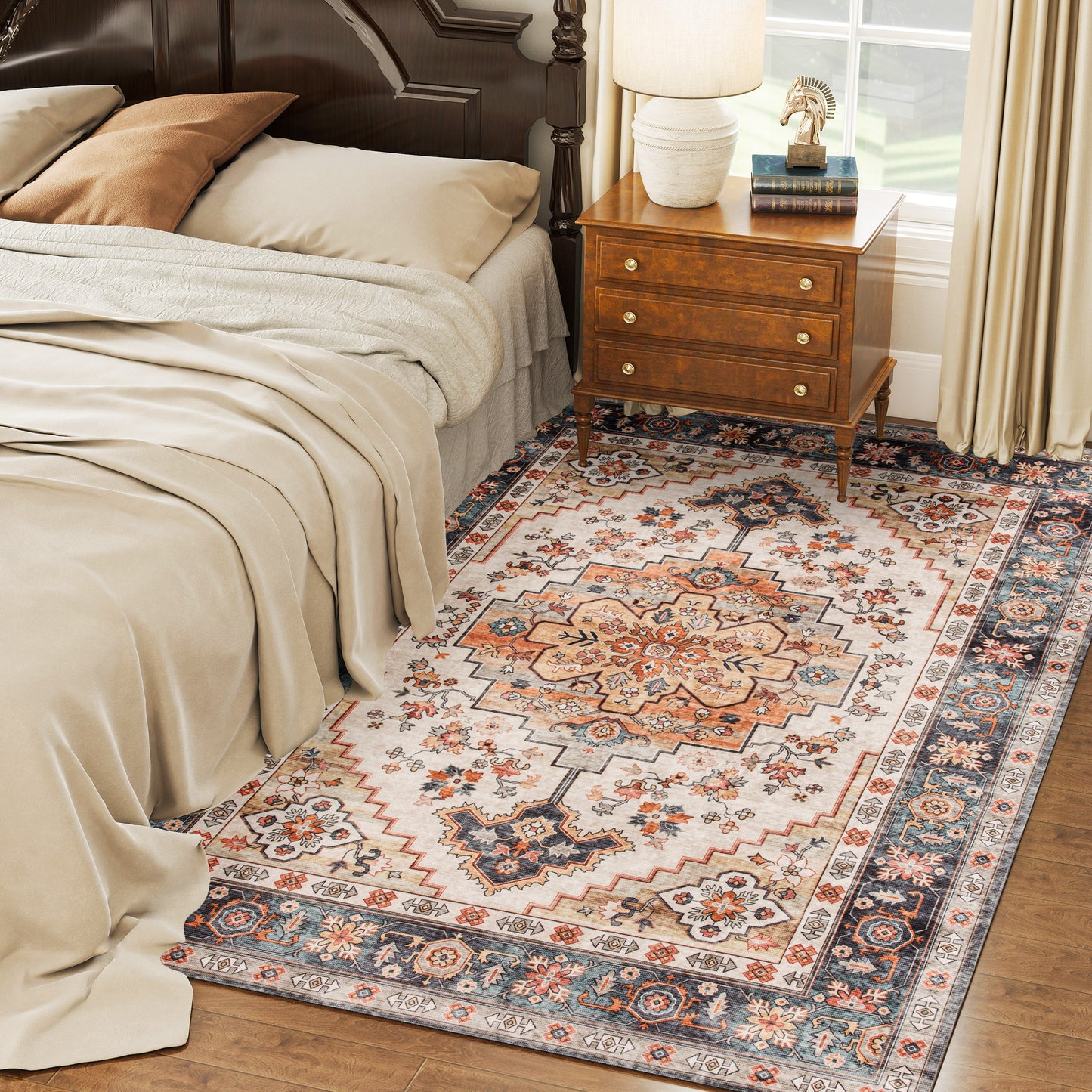 Boho Area Rug 5x7 - Machine Washable Non-Slip Medallion Design in Tawny Brown