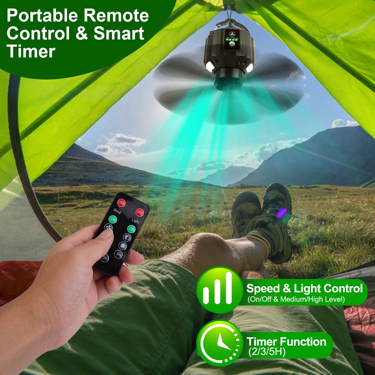 Portable Camping Ceiling LED Fan with Remote Control - 3-in-1 Lantern, Power Bank, Adjustable Speed & Brightness