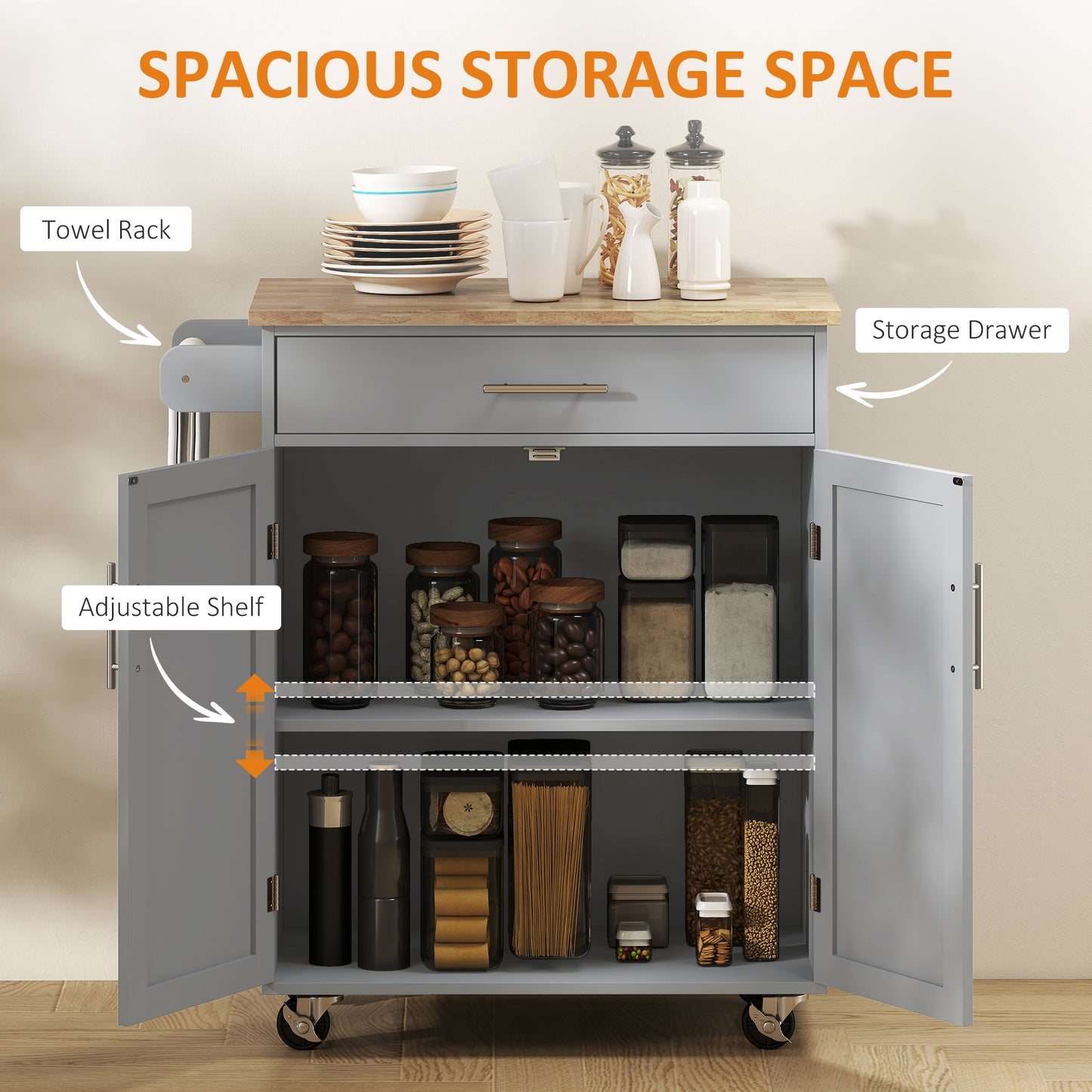 Rolling Kitchen Island Cart with Solid Wood Top & Drawer - Gray
