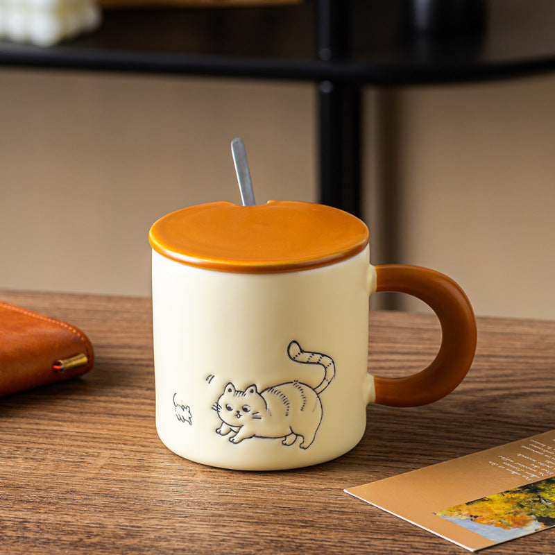 Cute Hand Painted Ceramic Cat Mug with Lid and Spoon - 380ml