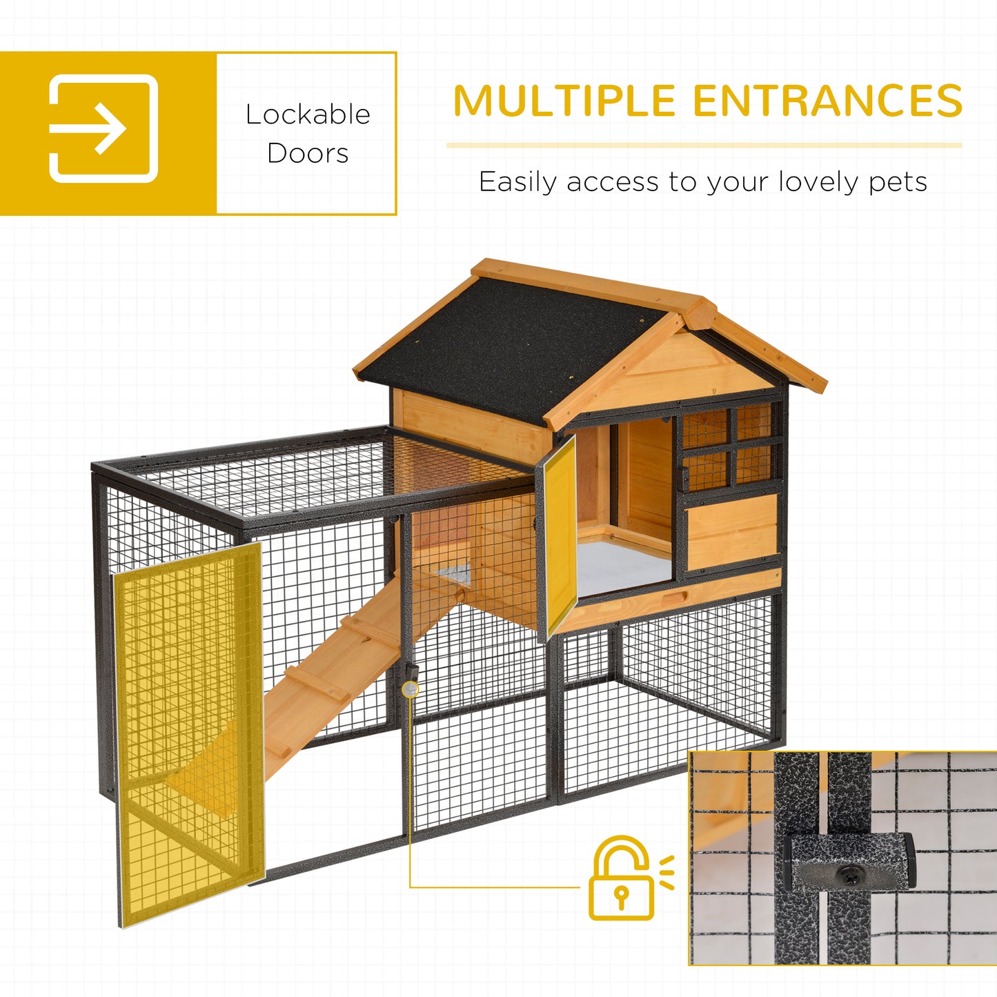 2-Level Rabbit Hutch Bunny Cage with Weatherproof Roof, Removable Tray & Ramp - Outdoor Pet House, Black