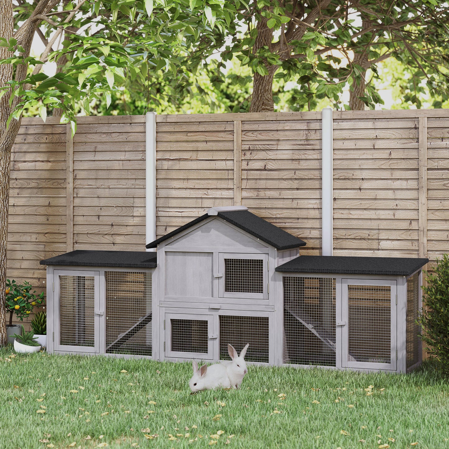 Large Wooden Rabbit Hutch 83 Inch 2-Story Pet House with Run & Ladder - Gray