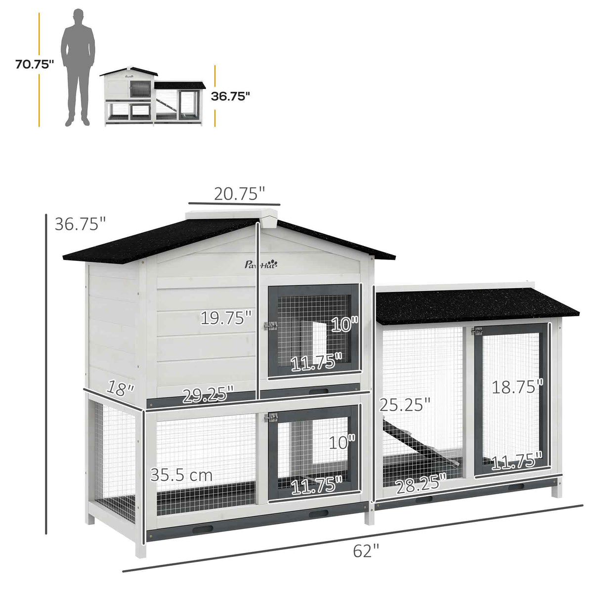 62-Inch Wooden Rabbit Hutch with Run, Removable Tray & Lockable Doors