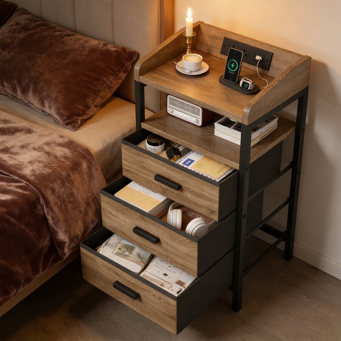 Nightstand with Charging Station and Fabric Drawers - Bedside End Table
