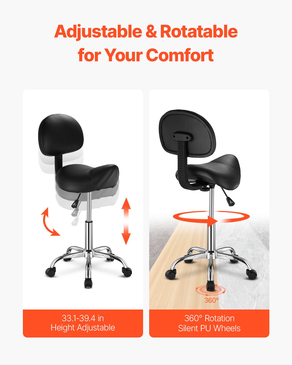 Ergonomic Saddle Stool with Back Support - Height Adjustable Rolling Chair, 450 lbs Capacity, Thick PU Leather - Black
