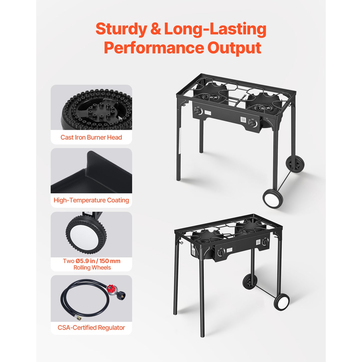 Outdoor Propane Gas Stove 2 Burners 150,000 BTU Camping BBQ Cooker with Wheels & Regulator