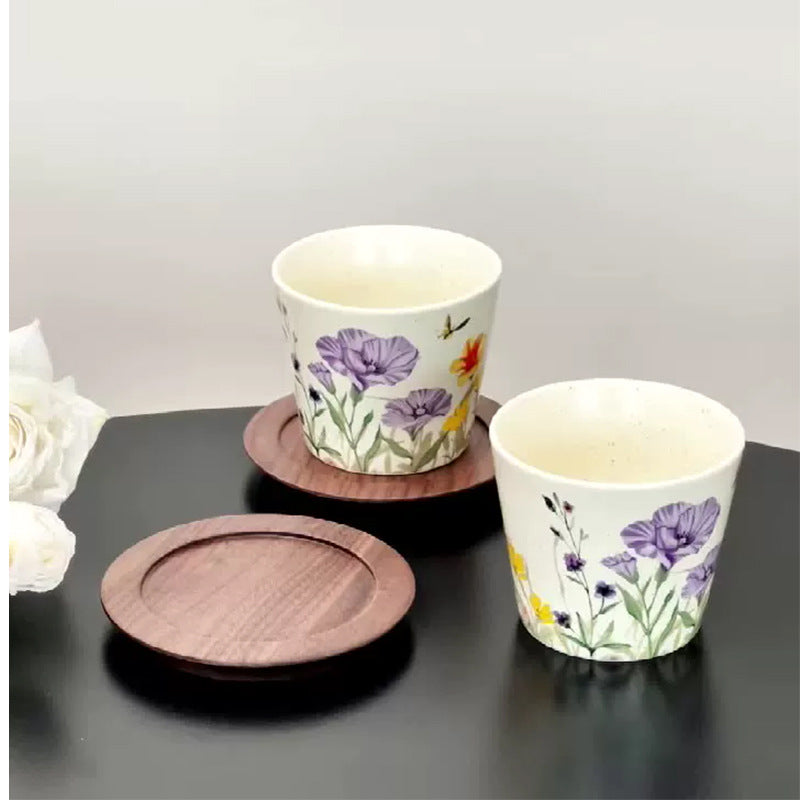 Retro Handheld Latte Art Coffee Cup 300ml Purple Bellflower Design