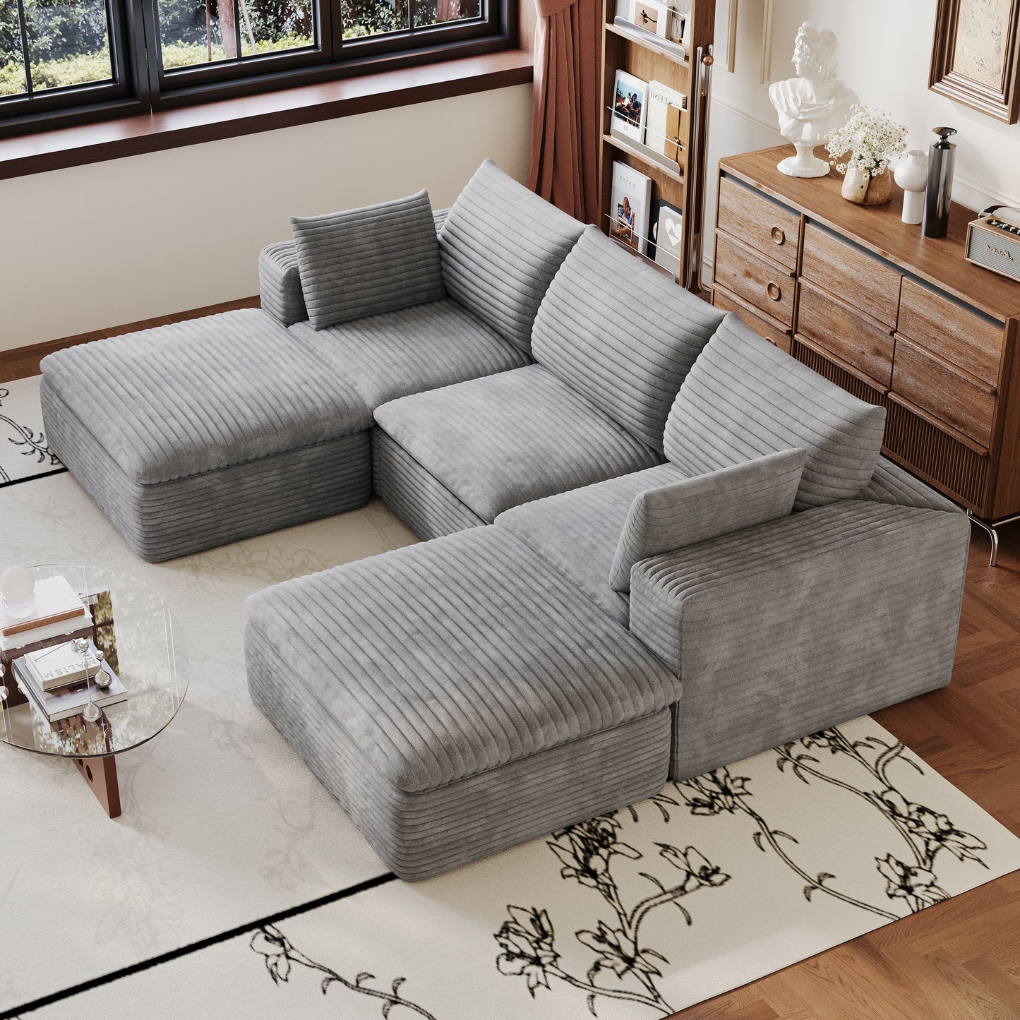 102" Cloud Sofa - Modular Corduroy Fabric Couch, Grey
