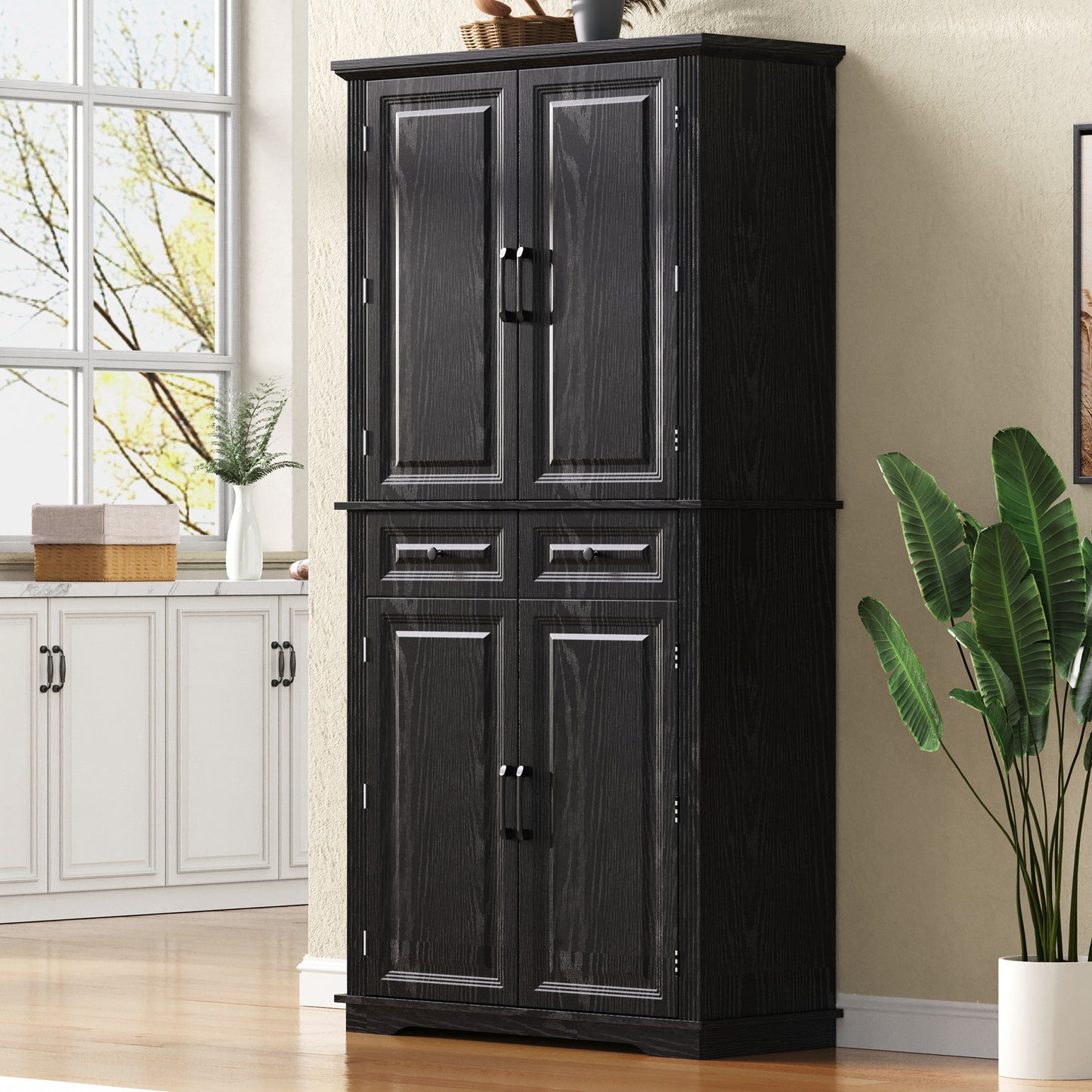 K&K 71 Tall Kitchen Pantry Cabinet With 3 Pull Out Organizers,