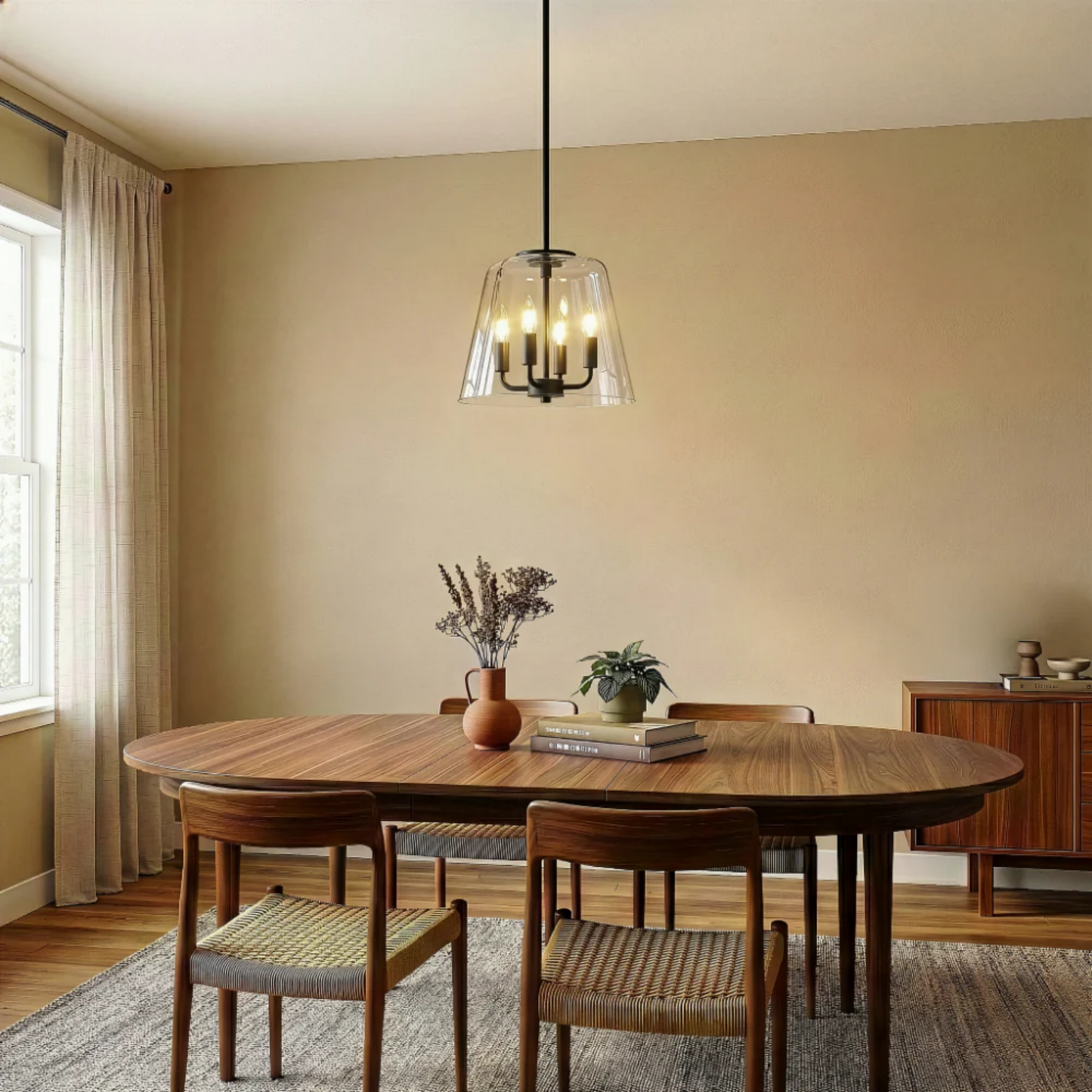 Soiree Four Candle Lights Pendant With Clear Glass - Black Finish