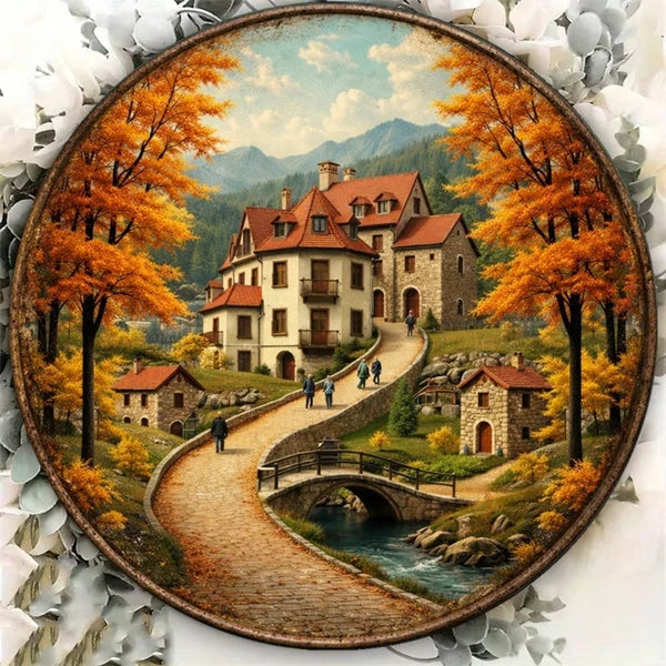 Vintage Autumn Town 2D Flat Round Sign - 8 Inch Rustic Plaque