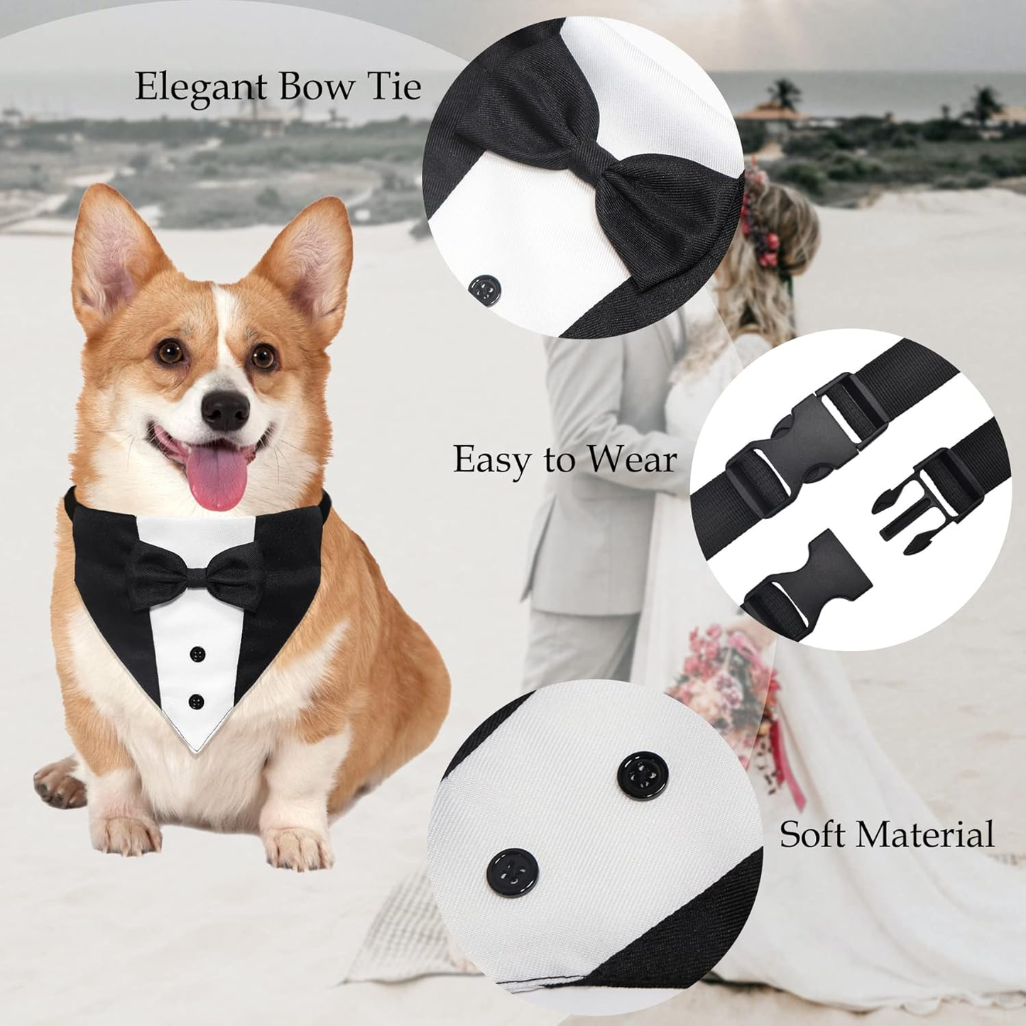 Formal Dog Tuxedo with Bow Tie & Bandana Collar - Adjustable for Small to Large Pets