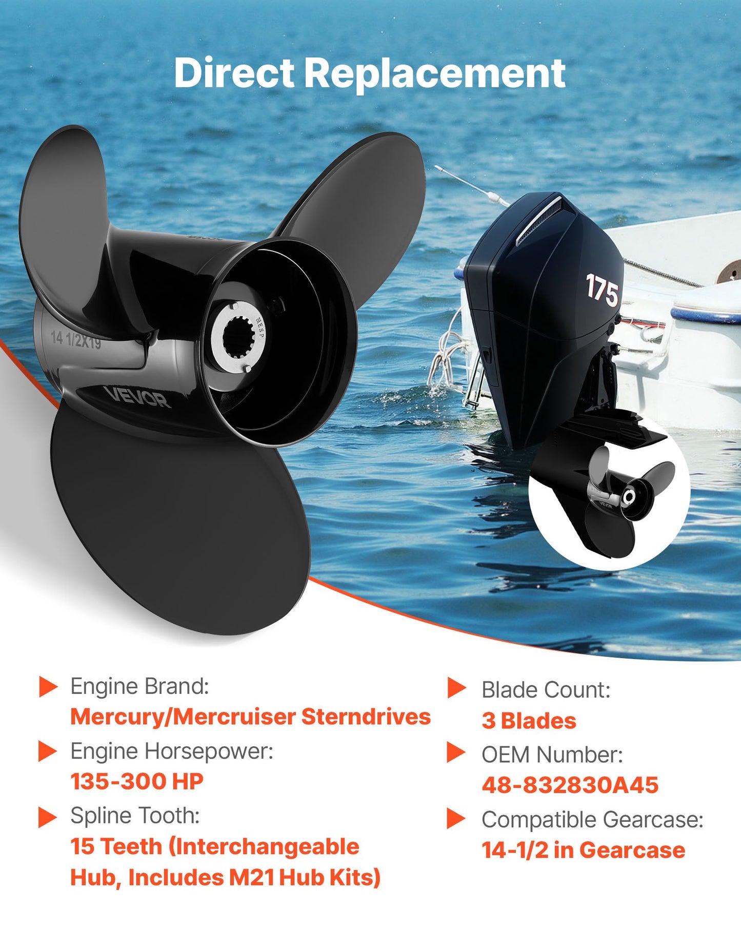 Outboard Propeller 3-Blade RH Aluminum Replacement for Mercury/Mariner 135-300 HP