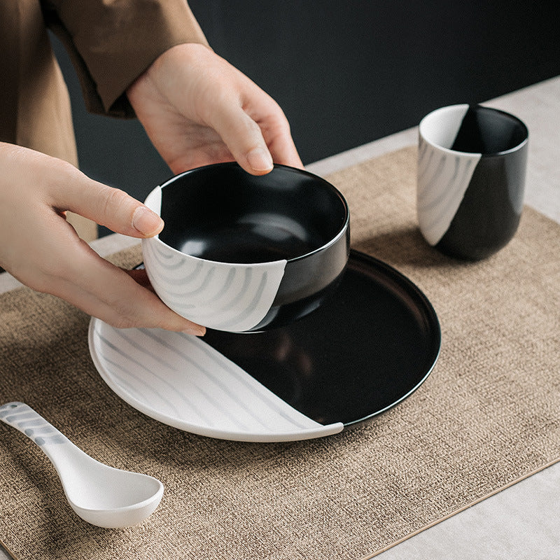 Ceramic Dinnerware Set with Bowls Cups & Spoons - Black & White