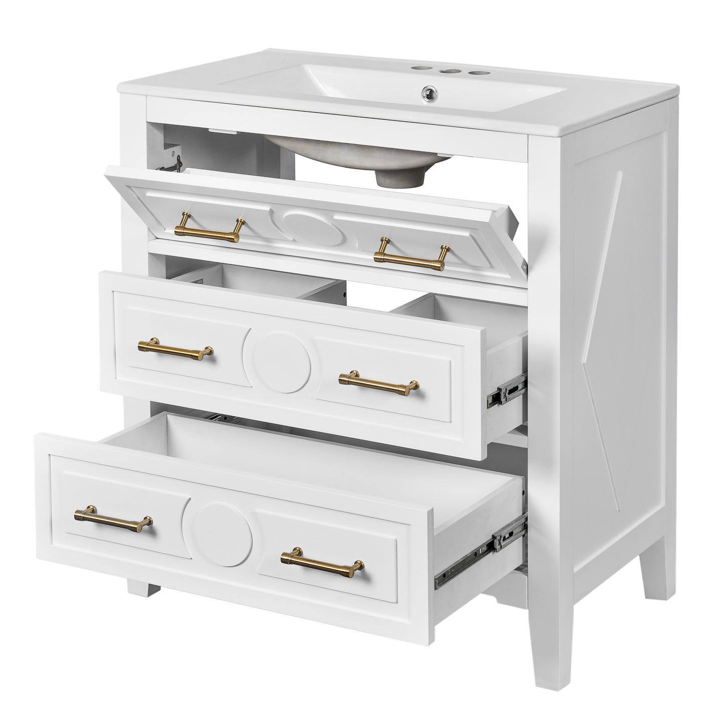 30'' White Bathroom Vanity with Ceramic Sink and 3 Drawers