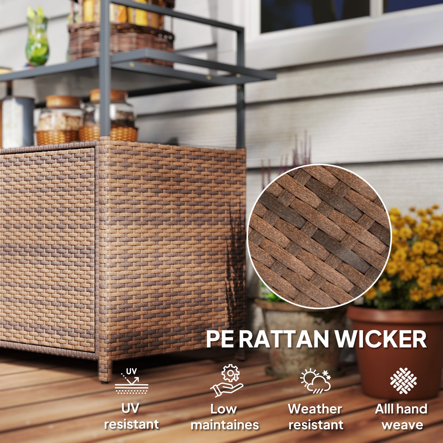 Outdoor Bar Cart with Glass Top & Storage Cabinet - Mixed Brown