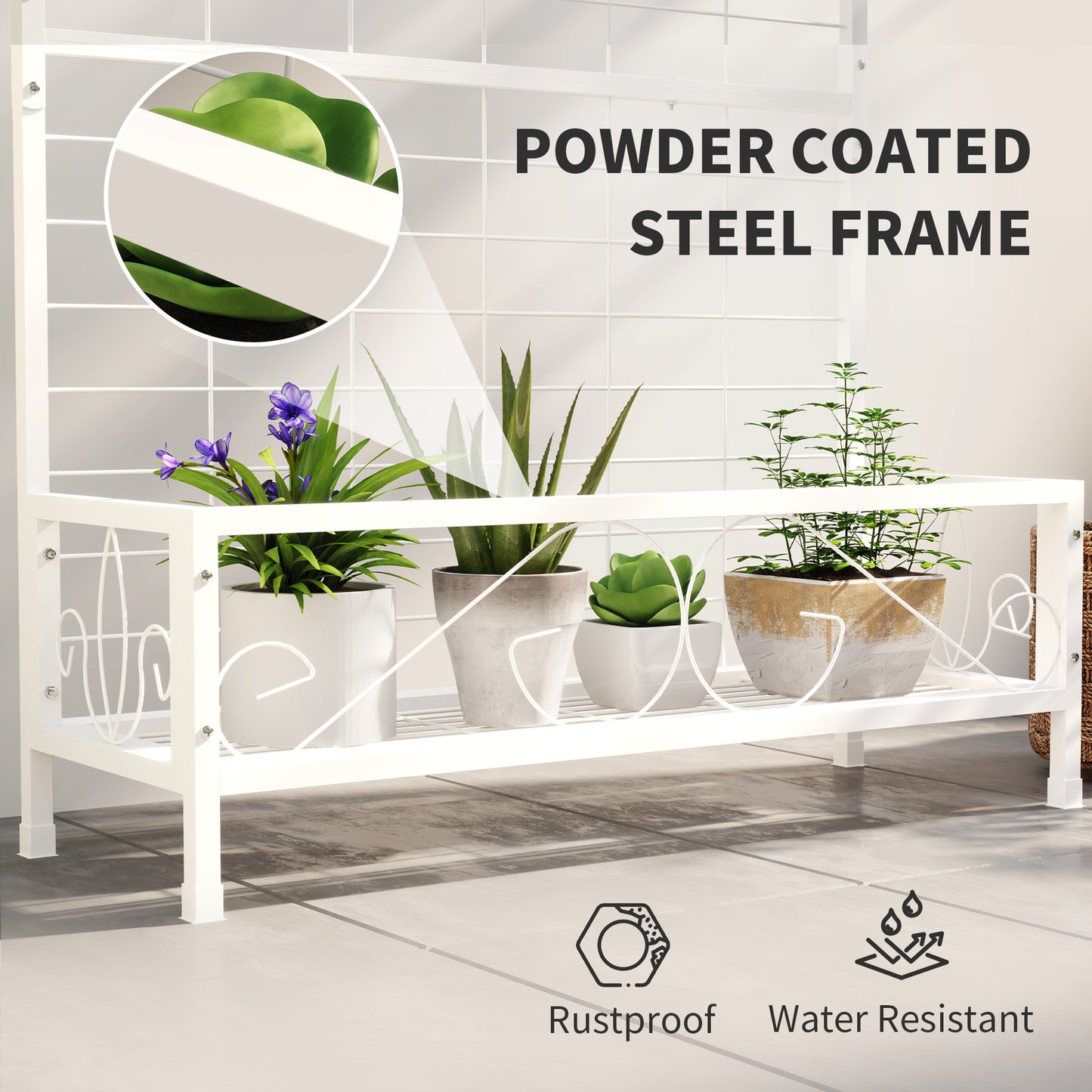 Tall Metal Plant Stand with Trellis and Hanging Bar, Indoor Outdoor Garden Display, White, 74 Inches
