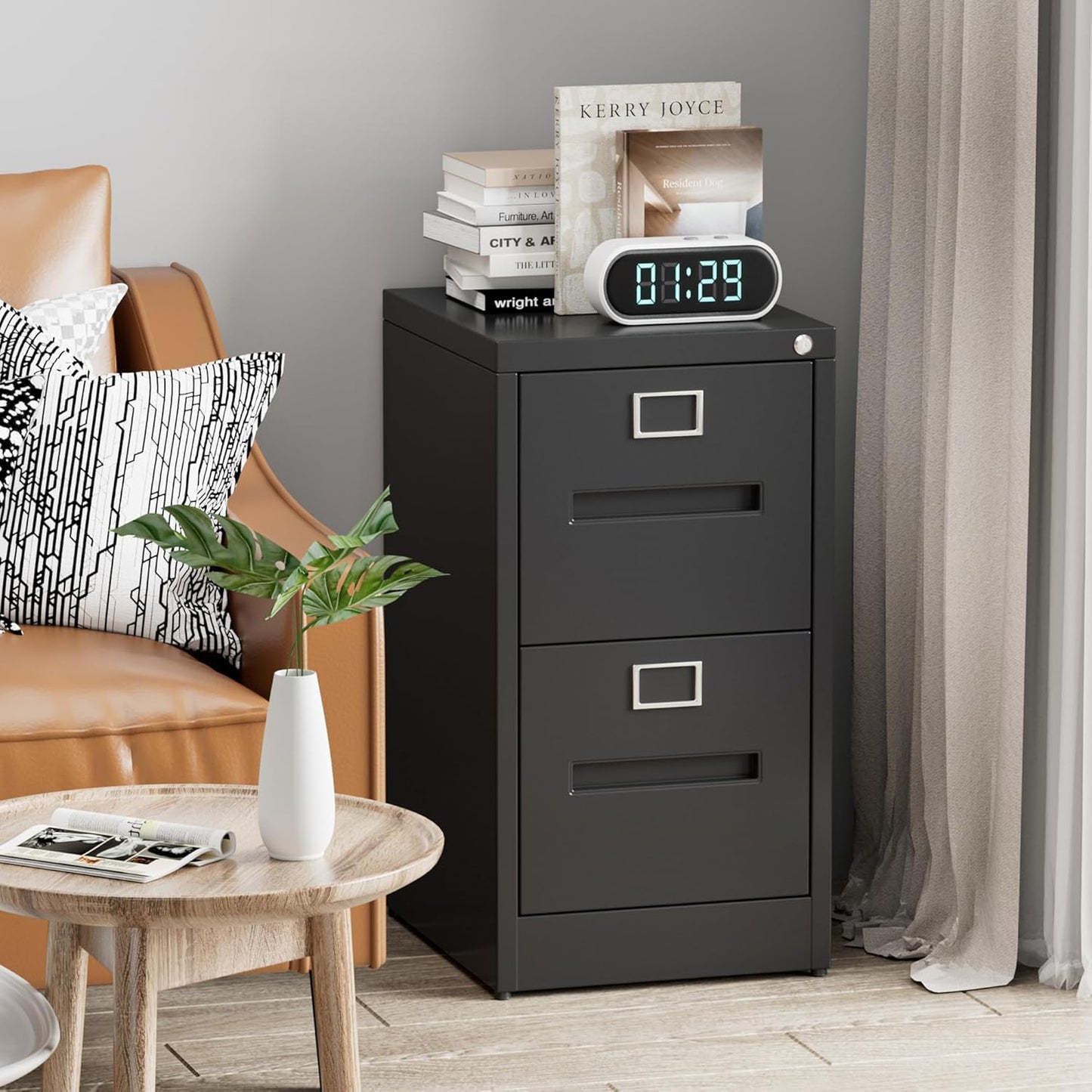 2-Drawer Mobile File Cabinet with Lock - Black Metal Storage