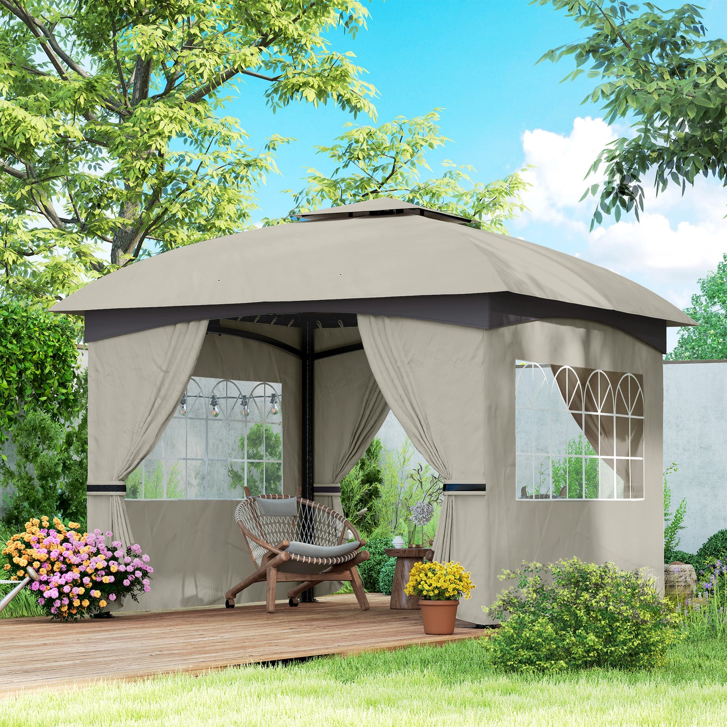 Outdoor Gazebo with Curtains and Church Windows - Light Gray