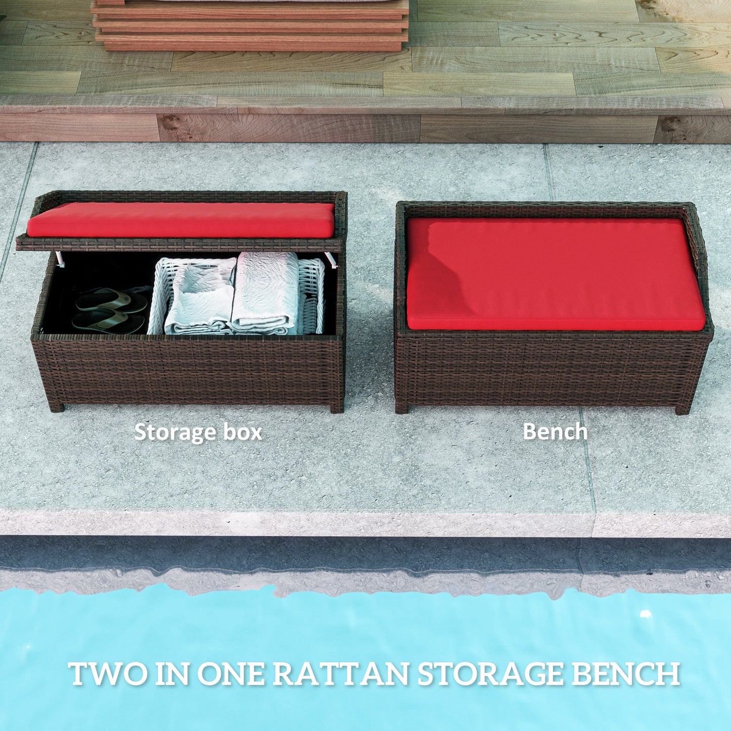 Outdoor Storage Bench with Cushion - Red Wicker Design