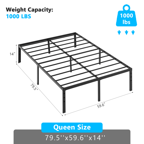 Black Queen Size Simple Basic Platform Metal Bed Frame - 14 Inch