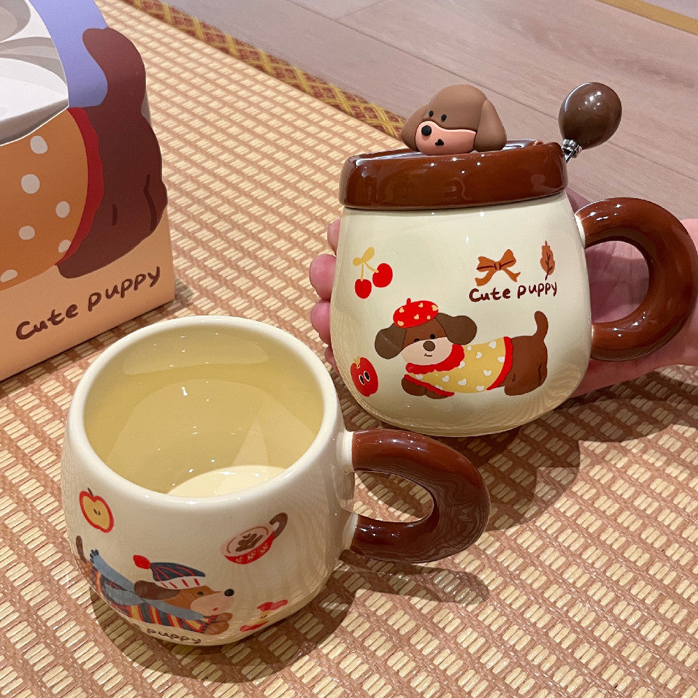 Cartoon Sausage Dog Mug with Lid and Spoon - Ceramic Water Cup, 350ML