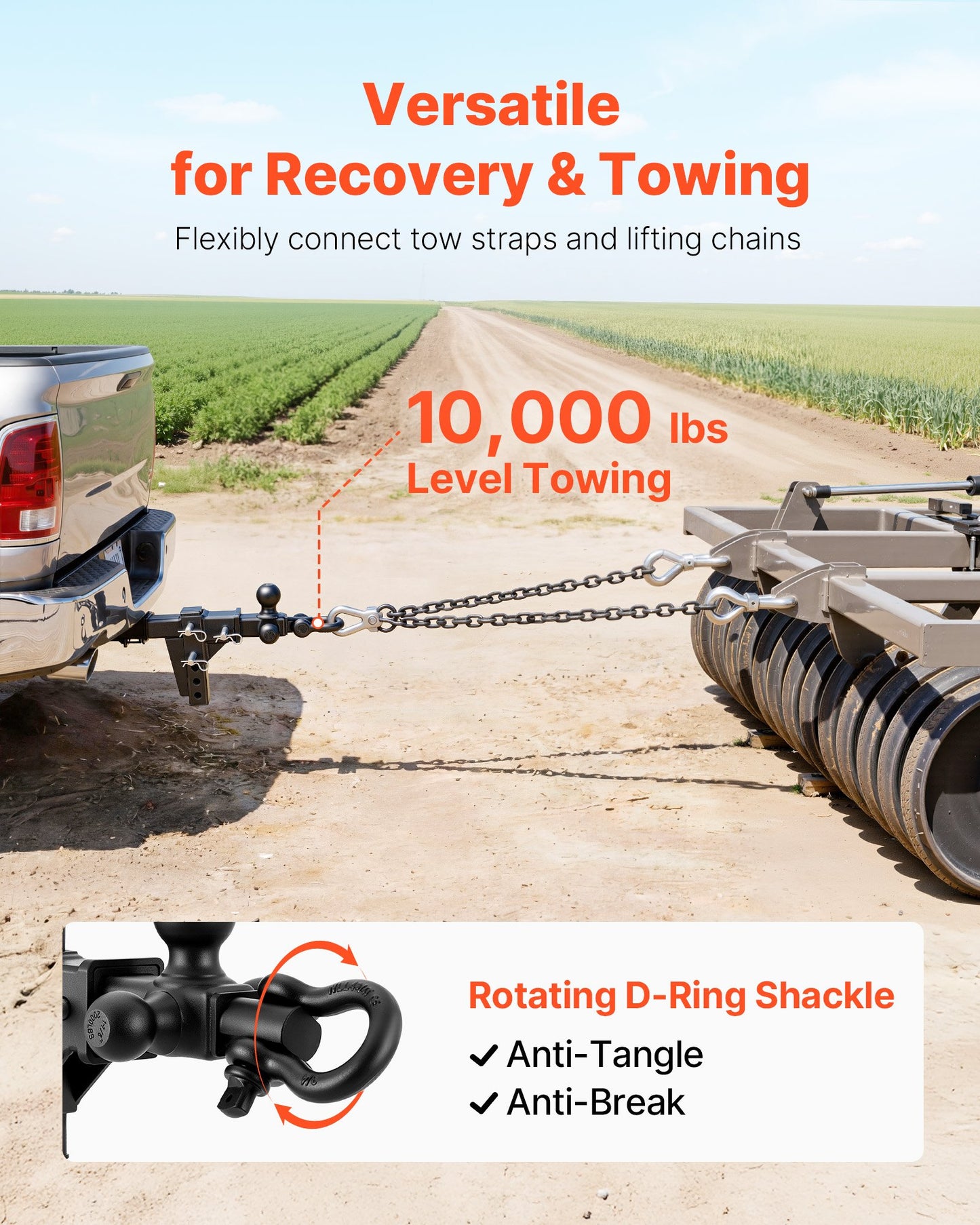 Adjustable Trailer Hitch Ball Mount with D Shackle for 2-Inch Receiver, 10,000 Lb Capacity