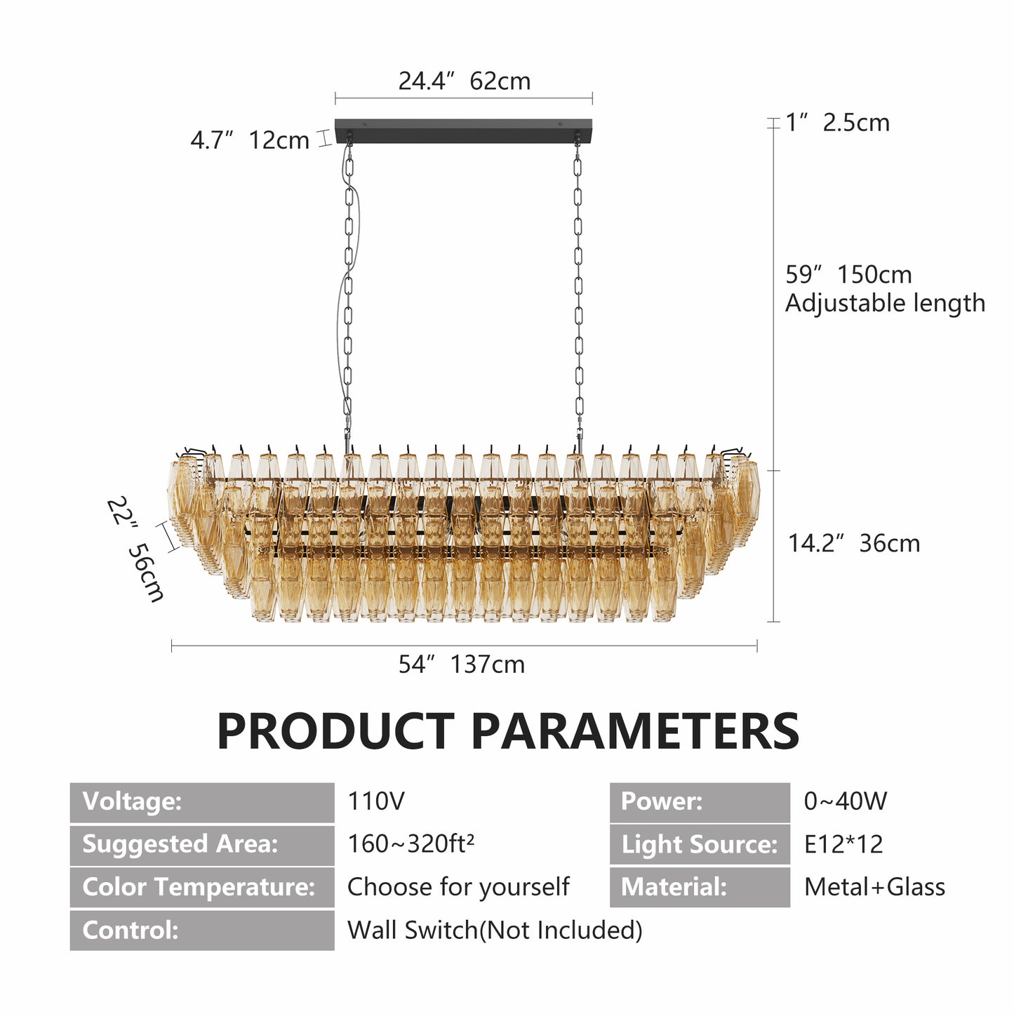 Modern Black Rectangular Chandelier - 12-Light Smoke Glass Fixture