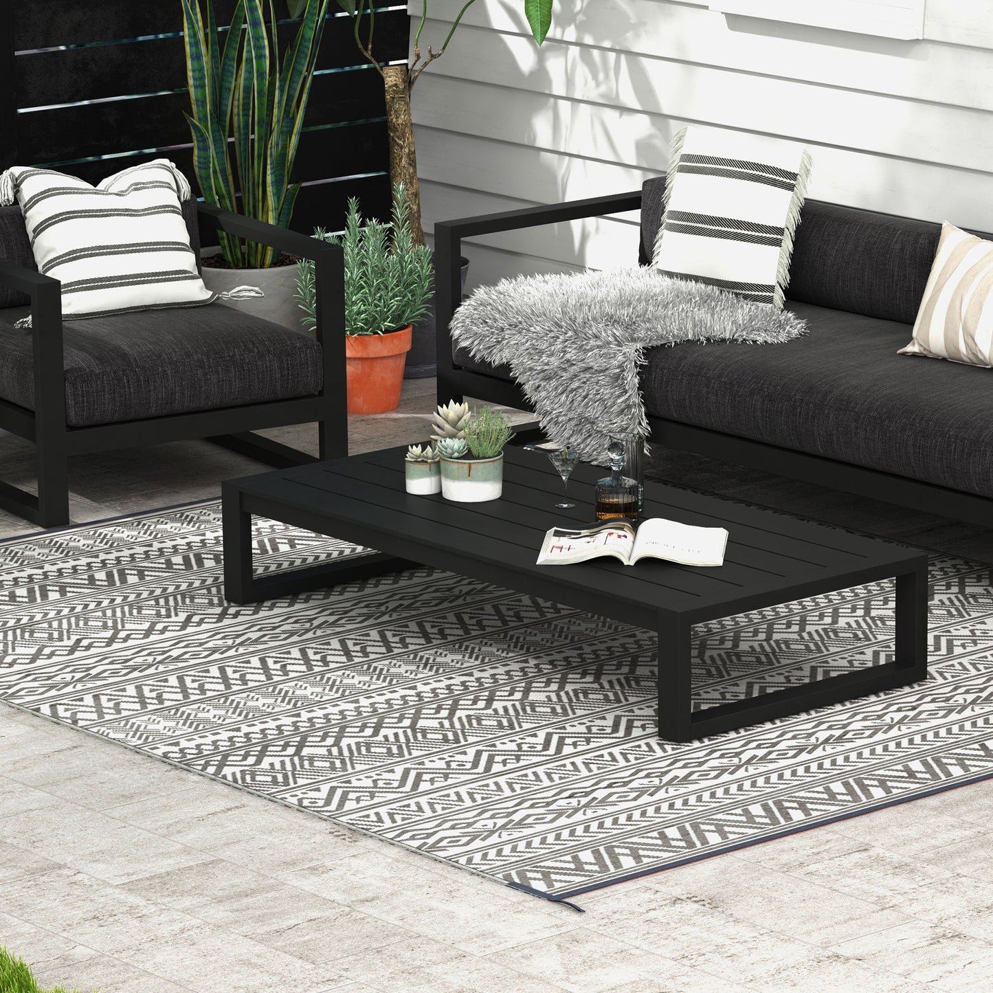 Reversible Outdoor Rug for Camping & RV - Gray & Cream Boho 8x10