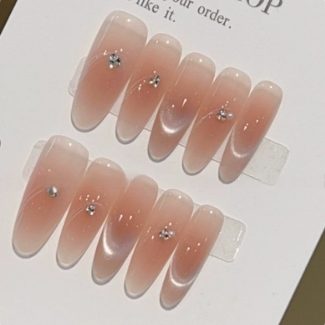 Nude Blush Cat-eye Rhinestone Handmade Nail Art