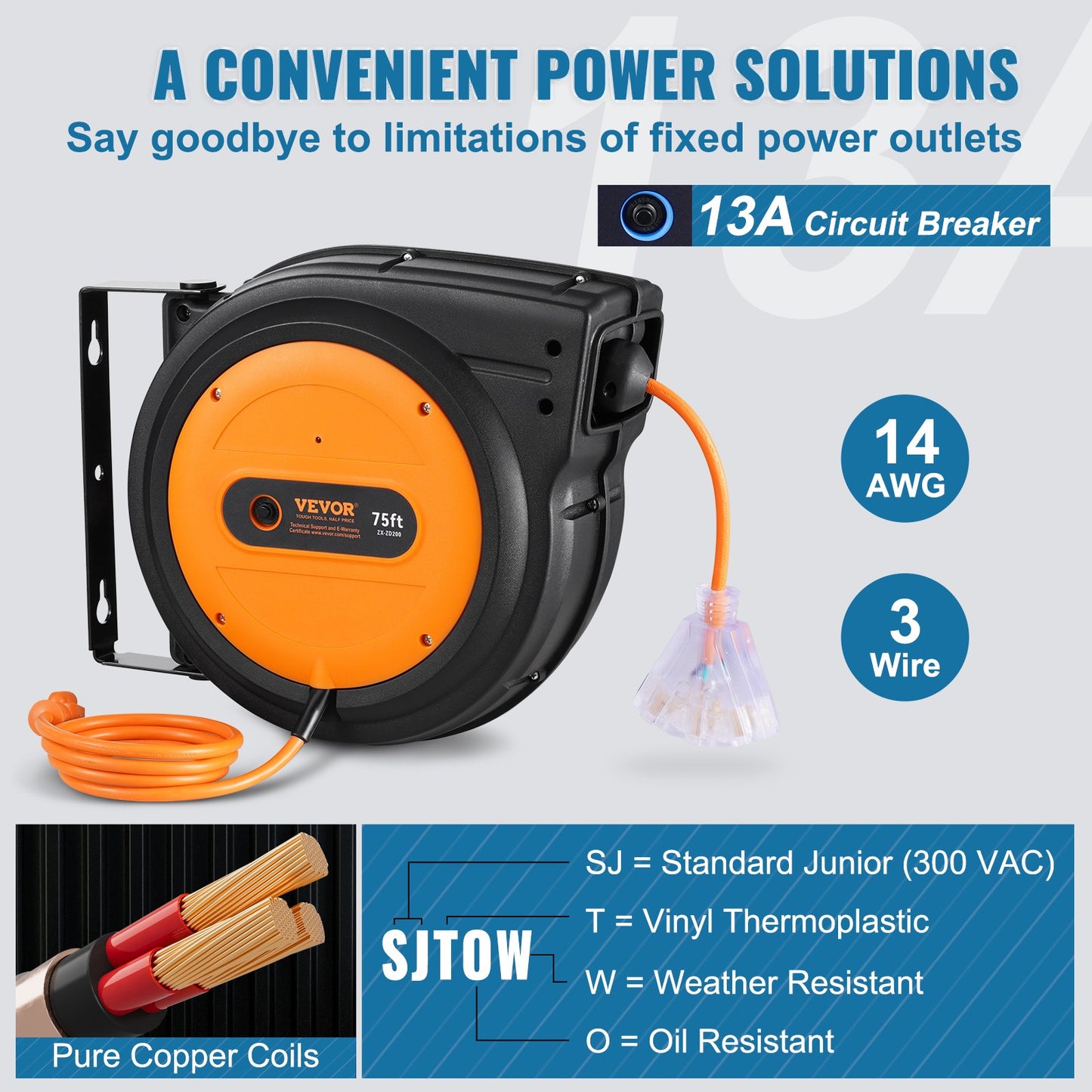 75FT Retractable Extension Cord Reel with 3-Outlets, Water-Resistant Power Cord