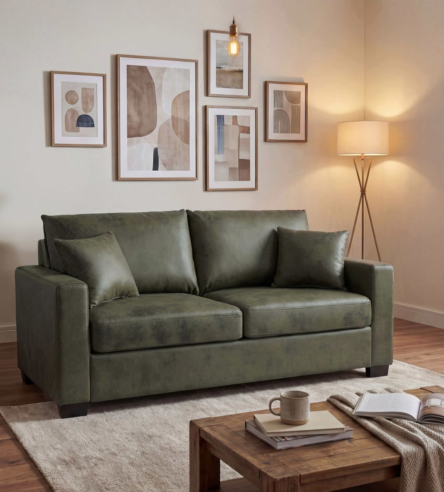 69-Inch Olive Green Two-Seater Loveseat Sofa with Pillows