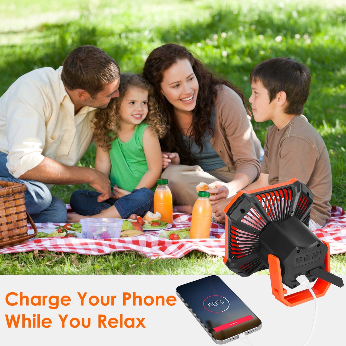Portable Camping Lantern Fan - USB Rechargeable, 3 Wind & 4 Light Modes, Emergency Power Bank, Orange