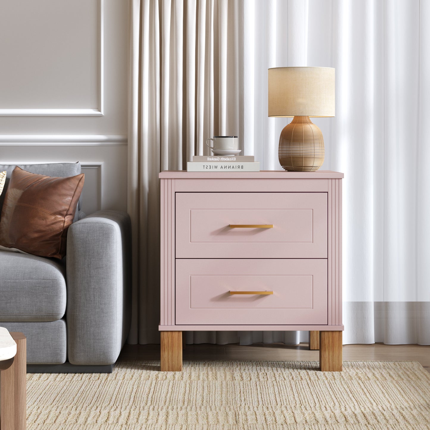 2 Drawer Nightstand - Elegant Fluted Design, Solid Wood Legs, Pink