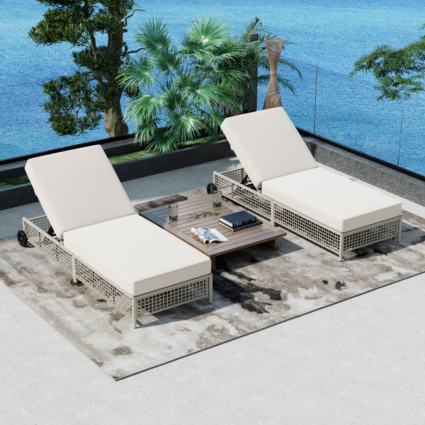 Outdoor Lounge Chair with 5-Position Backrest & Wheels - Beige Cushion
