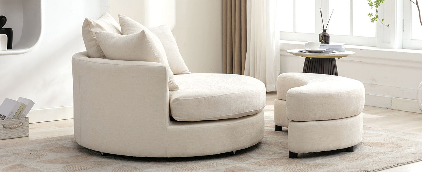 360° Swivel Accent Barrel Chair with Storage Ottoman & 4 Pillows - Cream