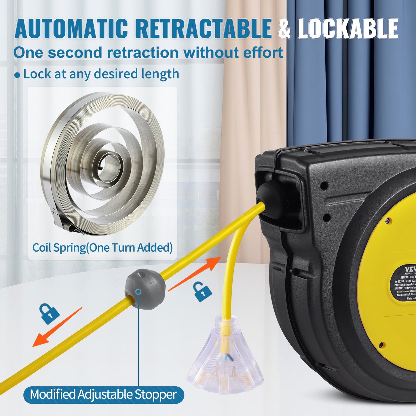 Heavy Duty 65FT Retractable Extension Cord Reel with 3-Outlets - Water-Resistant Power Cord
