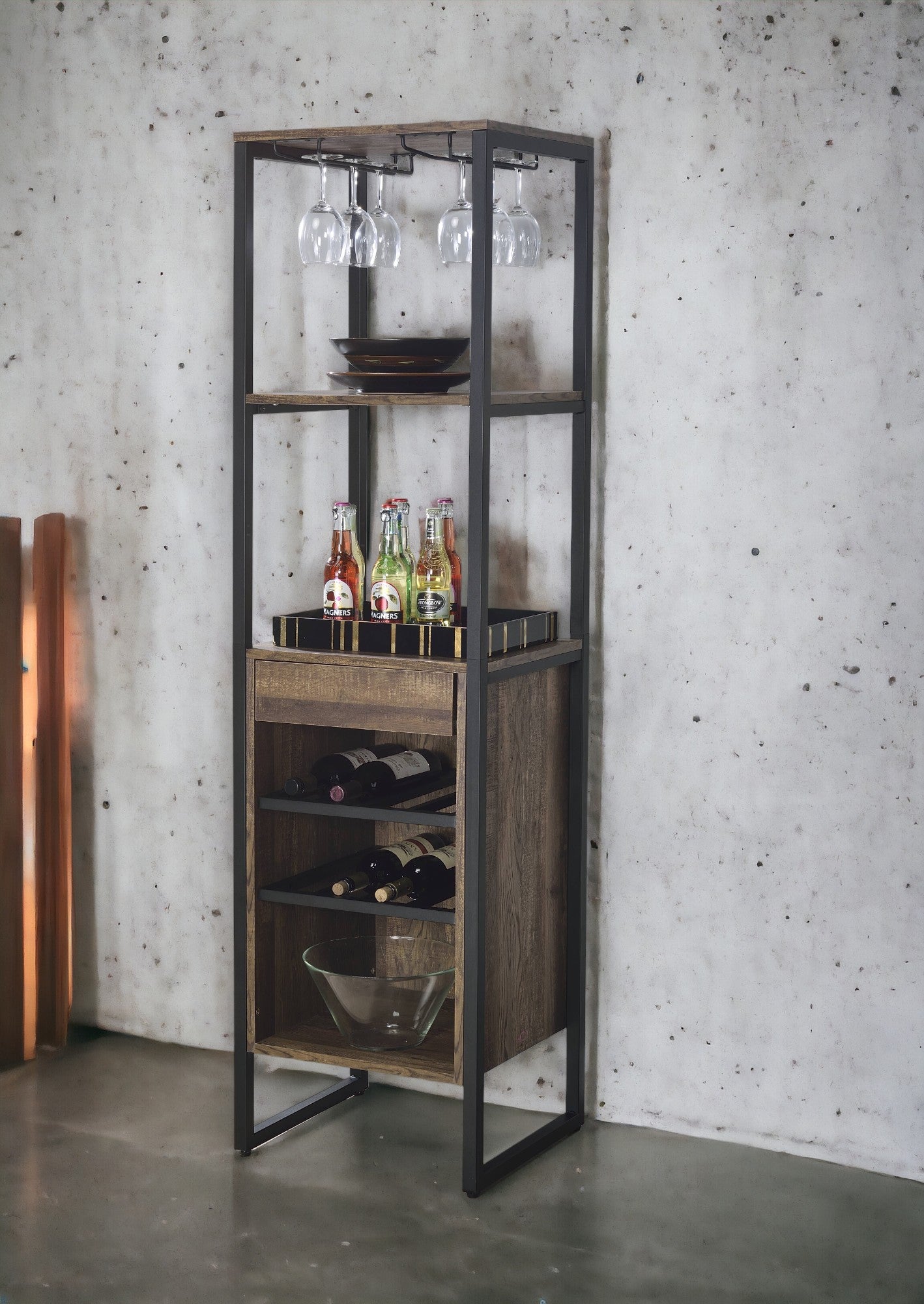 Narik Weathered Oak Finish Wine Rack with Storage Drawers