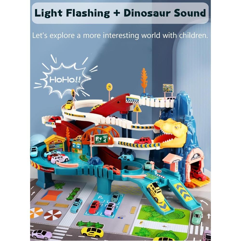 Dinosaur Mountain Adventure Race Track Toy Set with Mini Cars & Assembly Tool