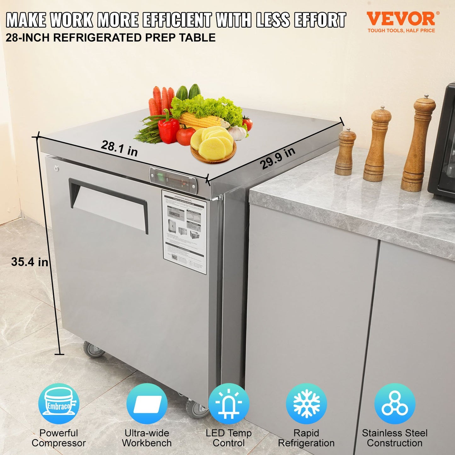 28-Inch Commercial Undercounter Refrigerator - 7.4 Cu Ft Stainless Steel Food Prep Station with Lock & Fan Cooling