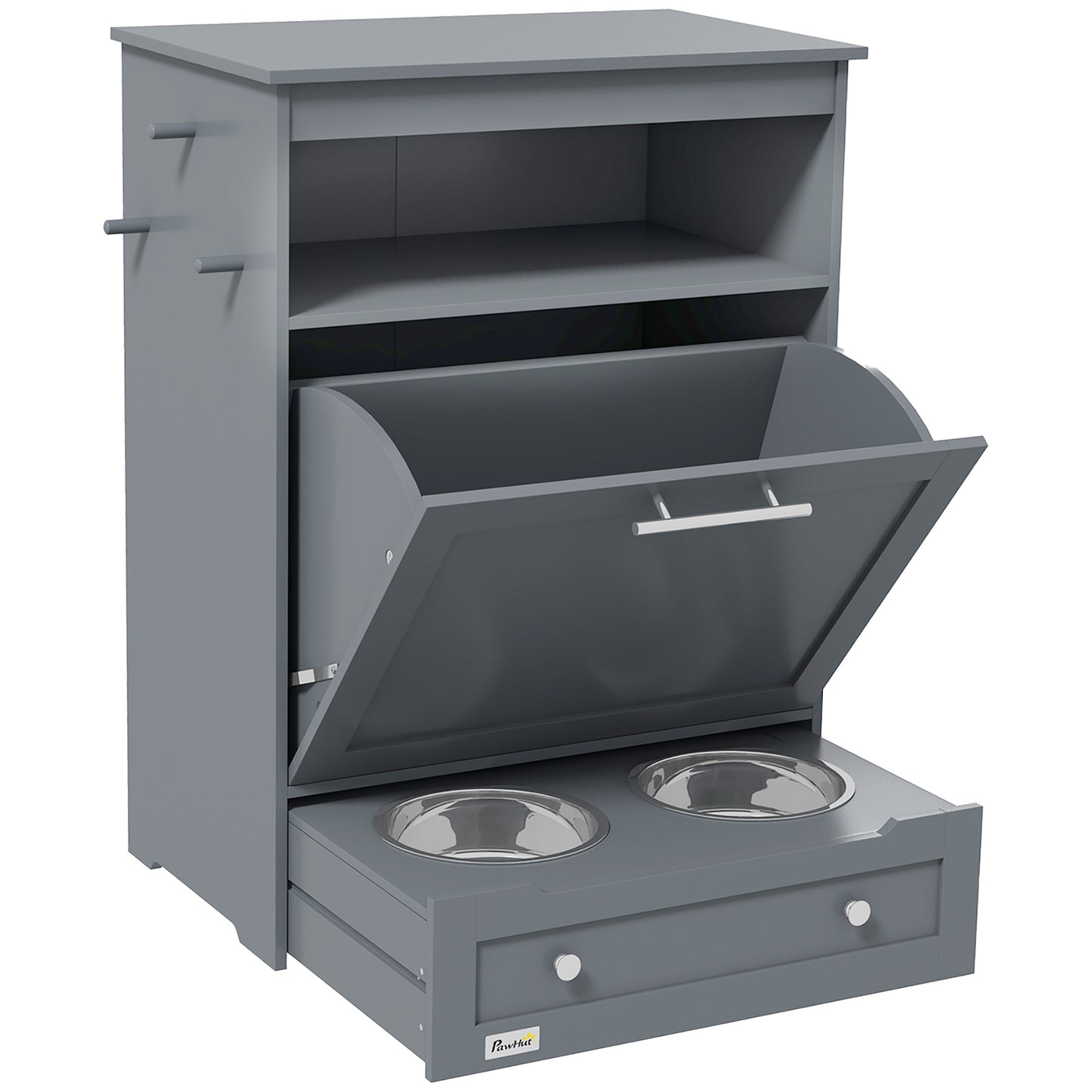 Dog Food Storage Container with Locking Locker and Raised Bowl - Grey Pet Feeding Station