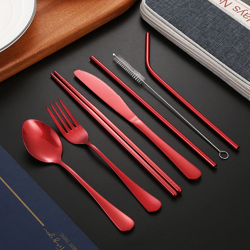 Portable Stainless Steel Cutlery Set - Multi-Color, 8-Piece Travel Dinnerware