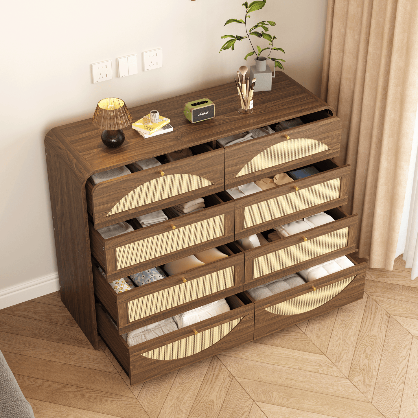 Walnut 8-Drawer Dresser with Rattan Front - Modern Storage Cabinet