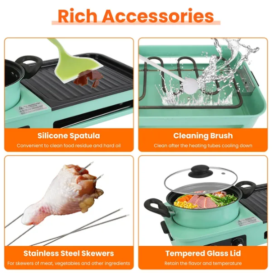 1600W Electric Grill and Hot Pot Combo - Non-Stick, Smokeless Cooking for 3-5 People