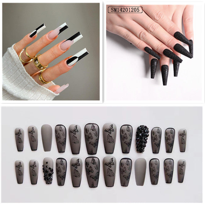 Long Fake Nail Set - Black Frosted Butterfly Design, Removable Armor Style