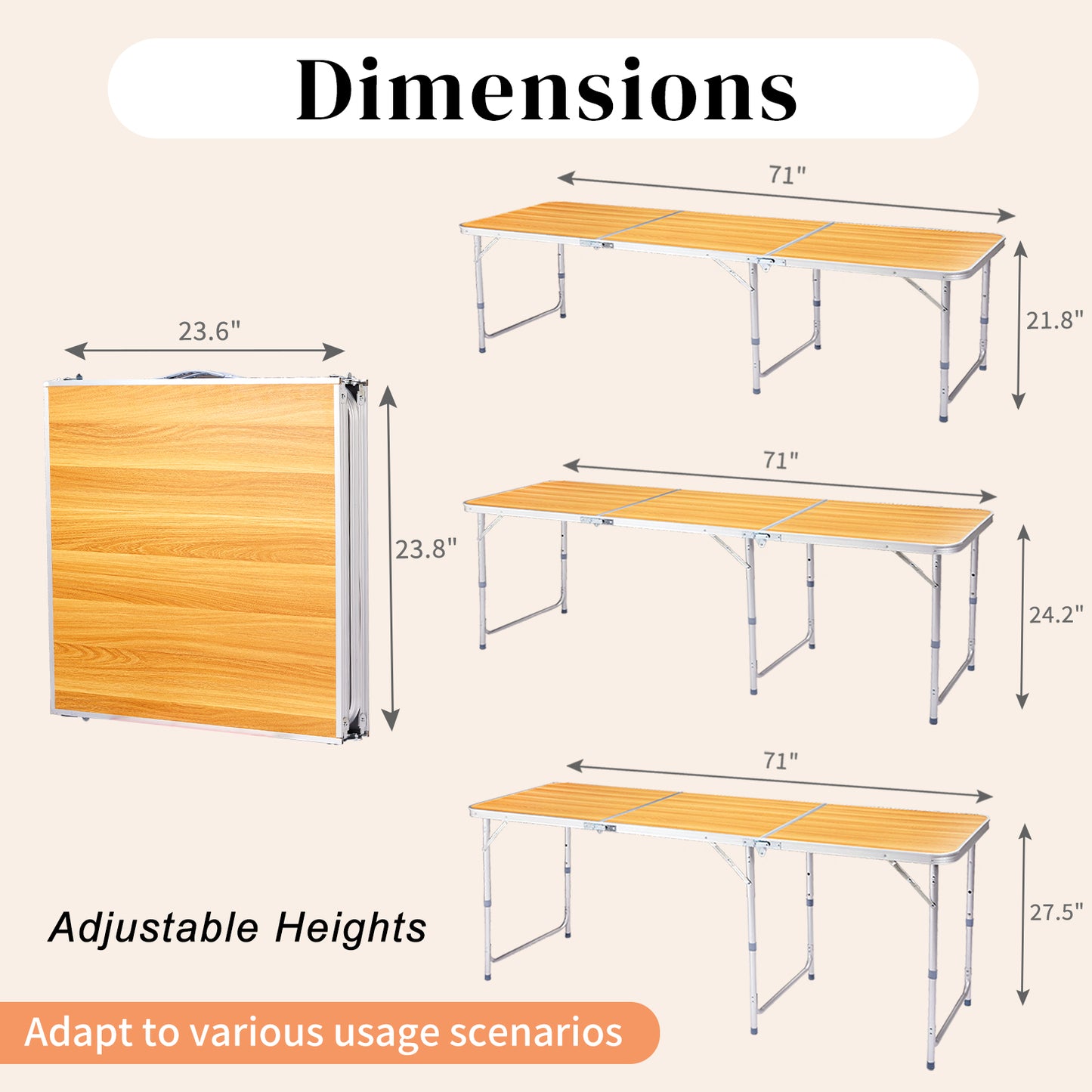 6ft Wood Grain Folding Table - Aluminum Alloy Tri-Fold Design